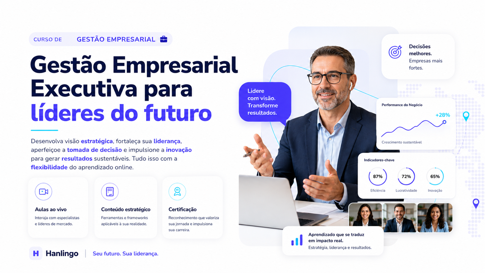 Banner promocional do curso de gestão empresarial executiva da Hanlingo